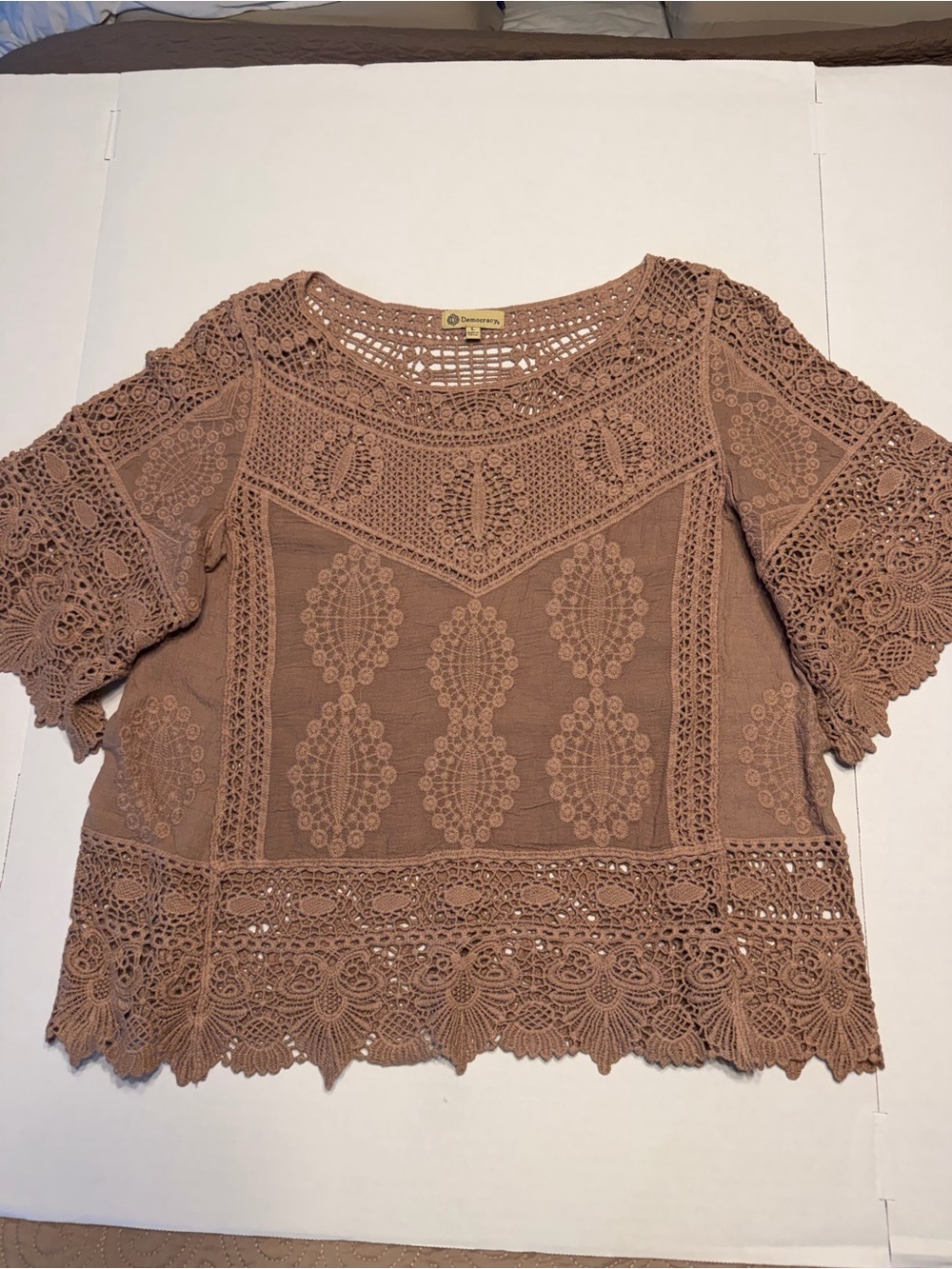 Democracy Crochet Lace Top in Taupe Brown Large 1052